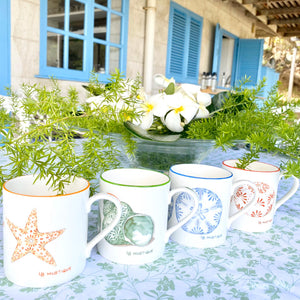 Fine Bone China Mug SET of 4 : SAND DOLLAR, URCHIN, STAR, SHELL designer collection Lotty B Mustique interiors. Set the table Mustique style