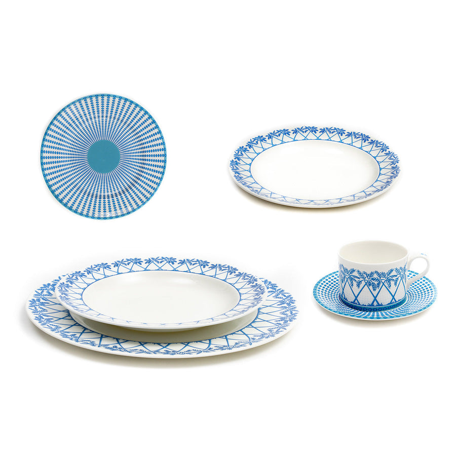 Fine Bone China full dinner service set for 12 place settings (72 pieces) Palms blue design by Lotty B Mustique