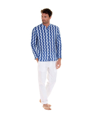 Mens Collarless Linen Shirt : FISH - AIRFORCE BLUE designer holiday styles by Lotty B Mustique