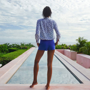 Womens Linen Shorts : DAZZLING BLUE designer Lotty B Mustique Caribbean vacation style