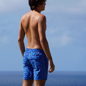 Comfortable swim shorts made from recycled fabric in holiday prints by Lotty B Mustique
