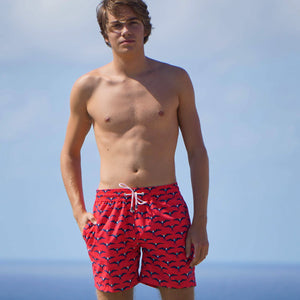 Comfortable, quick dry swim shorts made from recycled fabric in fun vacation prints by Lotty B Mustique
