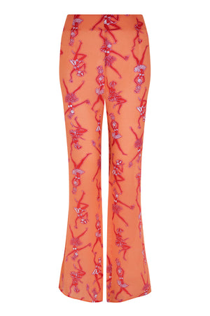 Fit & Flare silk Lyla trousers in Fruit Punch orange print by designer Lotty B Mustique