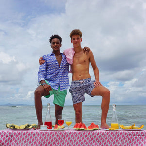Mens swim trunks : PLAIN - GREEN Pink House Mustique vacation wear designed by Lotty B