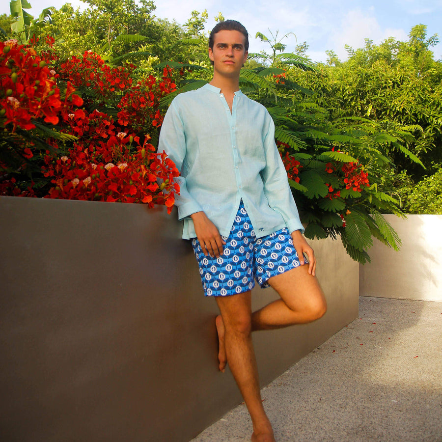 Mens designer swim wear Guava blue print by Lotty B Mustique swim style