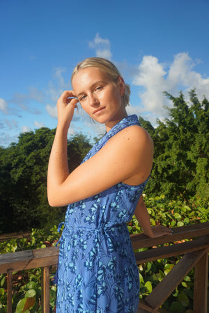 Silk Jemima Dress: FLAMBOYANT FLOWER - BLUE, designer Lotty B Mustique Caribbean tropical holiday styles