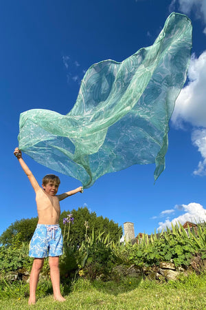 Feather light chiffon silk scarf in green & white Protea print by designer Lotty B Mustique