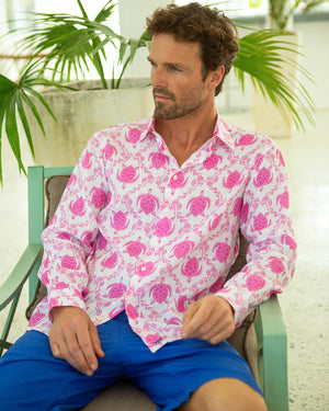 Men's linen tropical holiday shirt in pink Turtle print by designer Lotty B Mustique