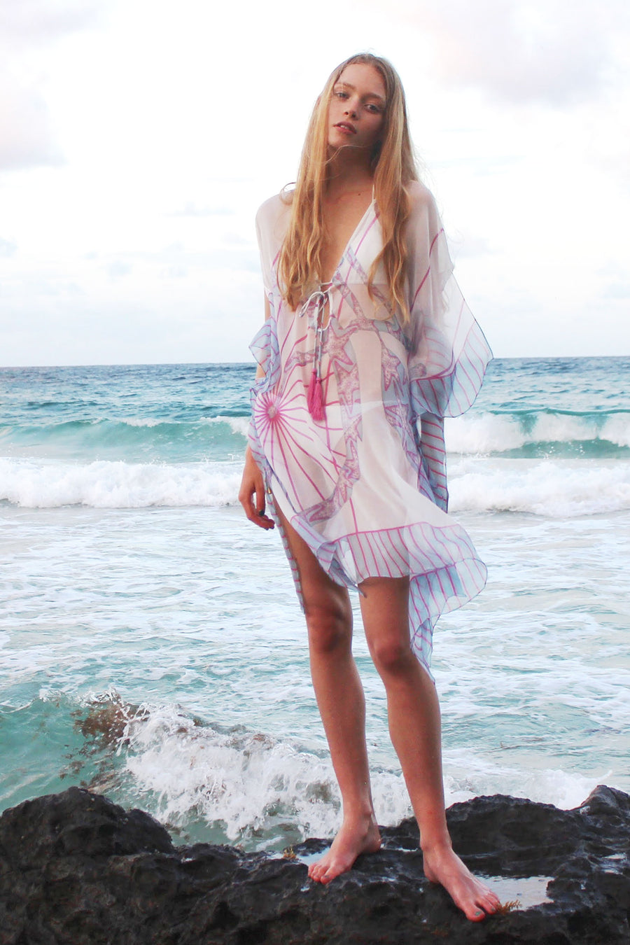 Lotty B Short Kaftan in Chiffon: BICYCLE - PINK Front Mustique beach