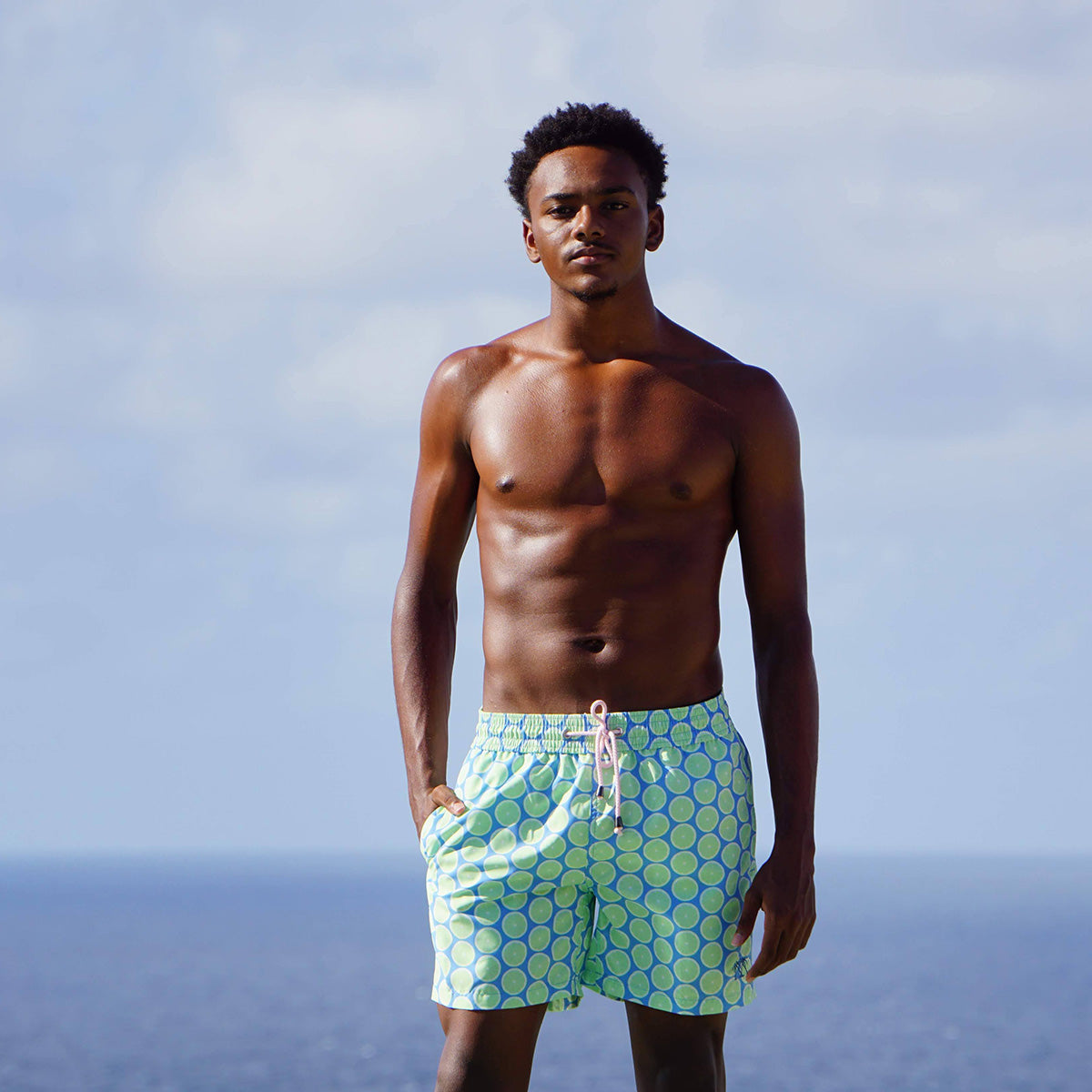 Mens swim shorts: LIME SLICE - GREEN / BLUE - Pink House Mustique