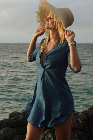 Pure linen Decima dress by Lotty B in Ensign Blue for Pink House Mustique vacation style