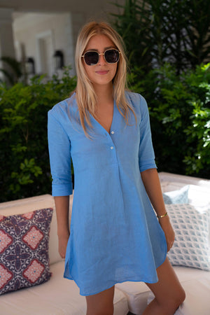 Womens Linen Flared Dress: FRENCH BLUE Mustique life