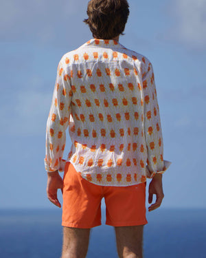 Luxury vacation style mens linen shirt in orange and yellow Beetle print by Lotty B