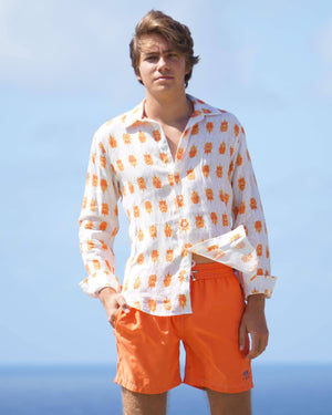 Luxury holiday style mens linen shirt in orange and yellow Beetle print by Lotty B