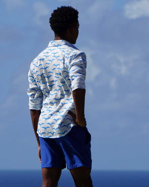 Mens vacation essentials fun print shirt in Frigate Bird blue