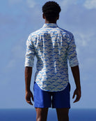 Mens holiday essentials fun print shirt in Frigate Bird blue