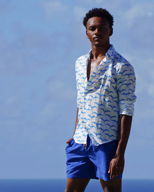 Mens linen holiday shirt in Frigate Bird blue print
