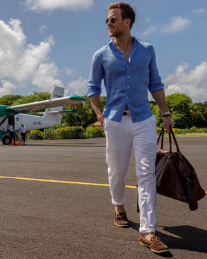 Mens Linen Shirt : FRENCH BLUE, walking across Mustique airport