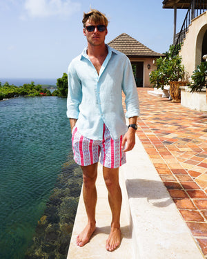 Mens designer Linen Shirt in plain Pale Blue by Lotty B, Mustique villa lifestyle
