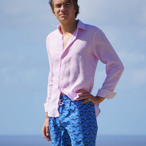 Elasticated swim shorts made from recycled fabric in beach prints by Lotty B Mustique