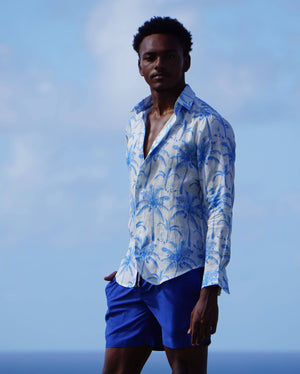 Mens summer linen shirt tropical palm print in white and blue by Lotty B Mustique
