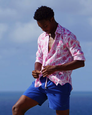 Caribbean island style mens linen shirt in Pomegranate pink print by designer Lotty B