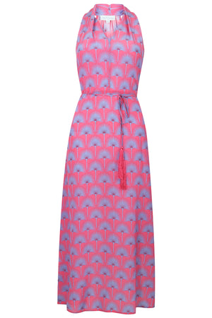 Lotty B 3/4 Halter Dress in Silk Crepe-de-Chine: SINGLE PALM REPEAT - PINK / BLUE Front
