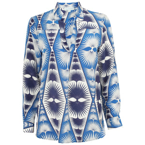 Lotty B Silk Crepe-de-Chine Blouse: FAN PALM REPEAT - BLUE & WHITE