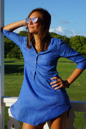 womens linen dress, dazzling blue by Lotty B Mustique island lifestyle