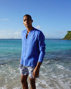 Short collar linen holiday shirt in DAZZLING BLUE by designer Lotty B Mustique for Pink House Mens vacation collection
