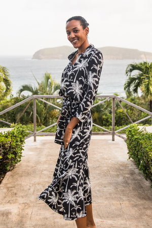 Caribbean vacation style silk cdc Gabija palazzo pants black and white plantation palm print by Lotty B Mustique