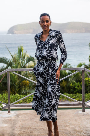 Caribbean holiday chic style silk cdc Gabija palazzo pants black and white plantation palm print by Lotty B Mustique