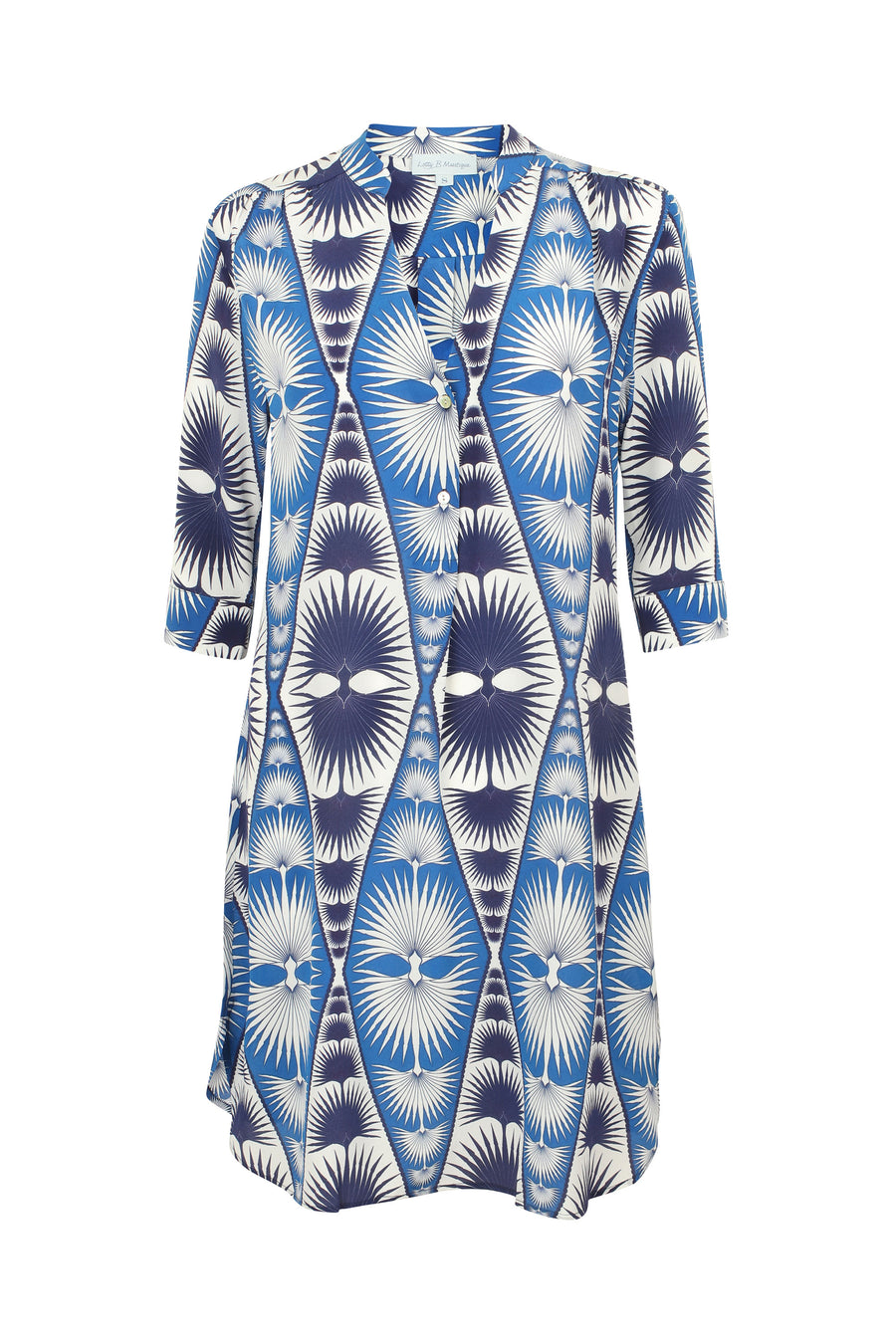 Silk Crepe Decima dress by Lotty B in blue Fan Palm repeat print. Mustique Designer Resort Wear