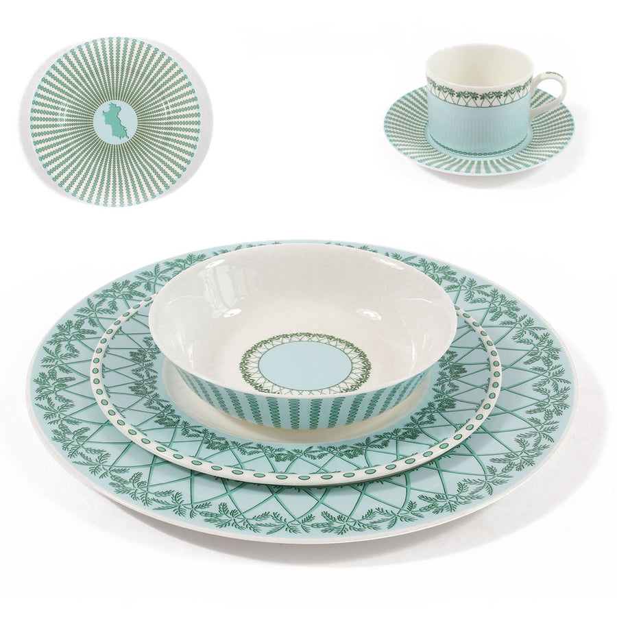 Fine Bone China Dinner Service : MUSTIQUE ISLAND - Bowl, Salad plate, Dinner plate, Side plate, Coffee cup & Saucer - 6 place settings (36 pieces)