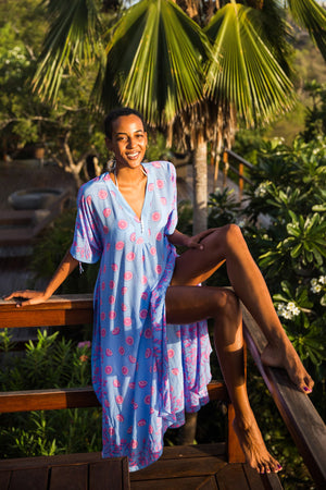 Vacation style silk kaftan in Lime Slice blue & pink print by Lotty B Mustique