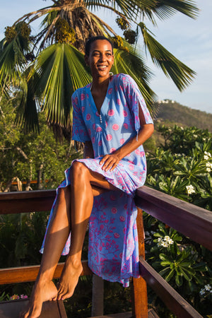 Luxury vacation fashion silk kaftan in Lime Slice blue & pink print by Lotty B Mustique
