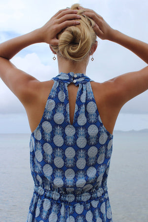 Lotty B Jumpsuit in Silk Crepe-de-Chine: PINEAPPLE - BLUE back detail Mustique
