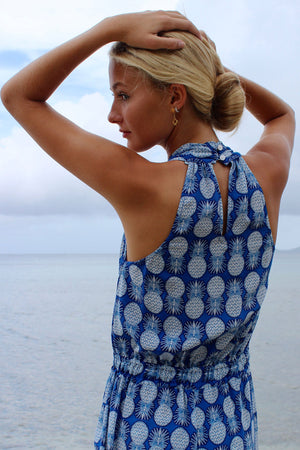 Lotty B Jumpsuit in Silk Crepe-de-Chine: PINEAPPLE - BLUE back turning head Mustique