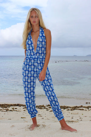 Lotty B Jumpsuit in Silk Crepe-de-Chine: PINEAPPLE - BLUE front, on the beach Mustique