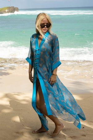 Vacation fashion - Long chiffon silk Jade poncho in green & blue Lurcher print