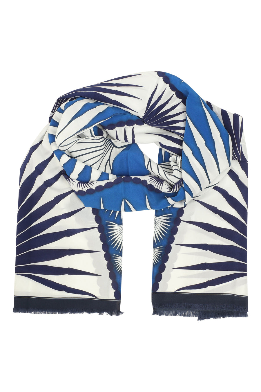 Lotty B Silk Long Silk Scarf: FAN PALM - BLUE, wrap around as head scarf - Mustique island style