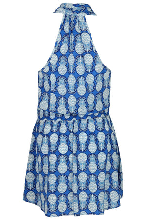 Lotty B Short Halter Neck Dress in Silk Crepe-de-Chine: PINEAPPLE - BLUE back