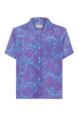 Mens luxury silk shirt Protea flower violet and turquoise print by Lotty B Mustique