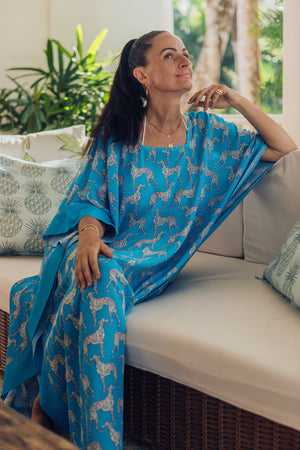 Sophisicated vacation style long pure silk kaftan in Lurcher green & blue print designer Lotty B Mustique