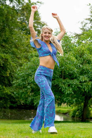 Fesitival fashion fit & flare silk trousers in Protea violet & turquoise print by designer Lotty B