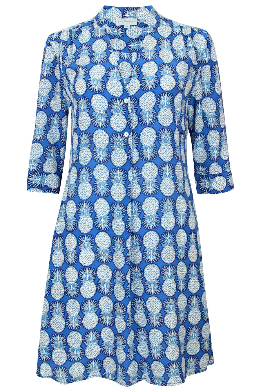 Lotty B Flared Dress in Silk Crepe-de-Chine: PINEAPPLE - BLUE Mustique life