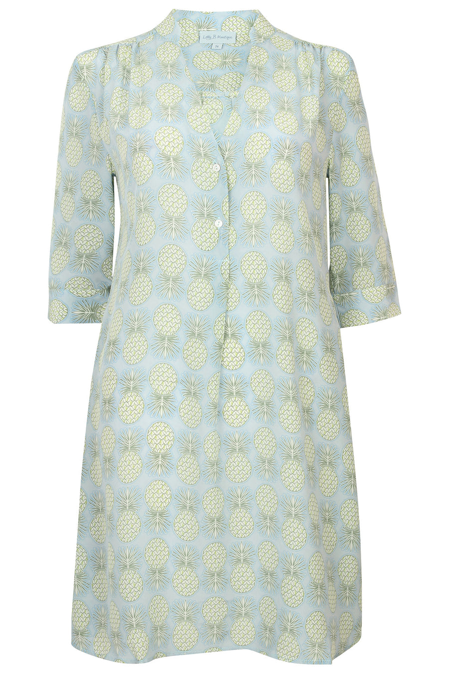Lotty B Flared Dress in Silk Crepe-de-Chine: PINEAPPLE - OLIVE Mustique life