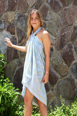 Lotty B Sarong in Silk Crepe-de-Chine: PINEAPPLE - OLIVE Mustique life
