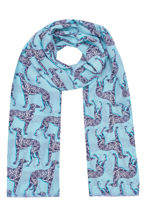 Luxury raw edge silk sarong scarf in Lurcher dog aubergine & pale blue print by designer Lotty B Mustique