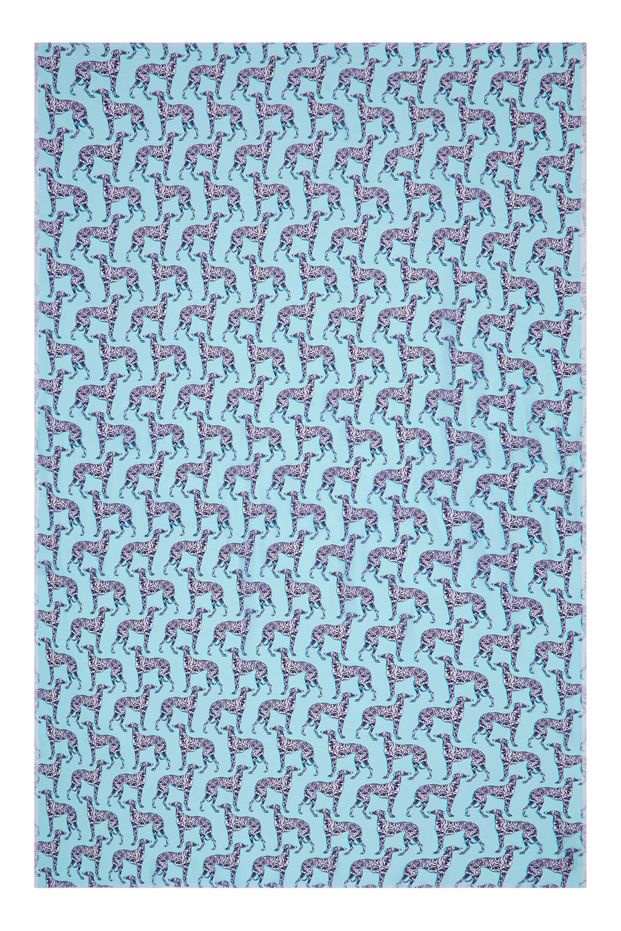 Luxury frayed edge silk sarong in Lurcher dog aubergine & pale blue print by designer Lotty B Mustique